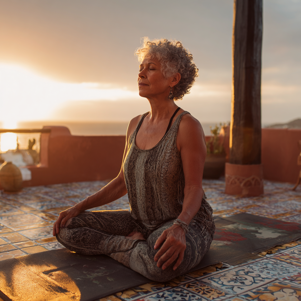 Persona practicando yoga en ambiente sereno y luminoso